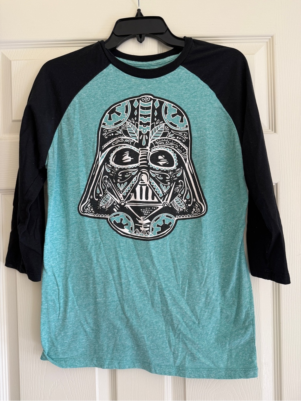 Star Wars Black and Teal Raglan 3/4 Sleeve Tee with Decorative Vader Graphic